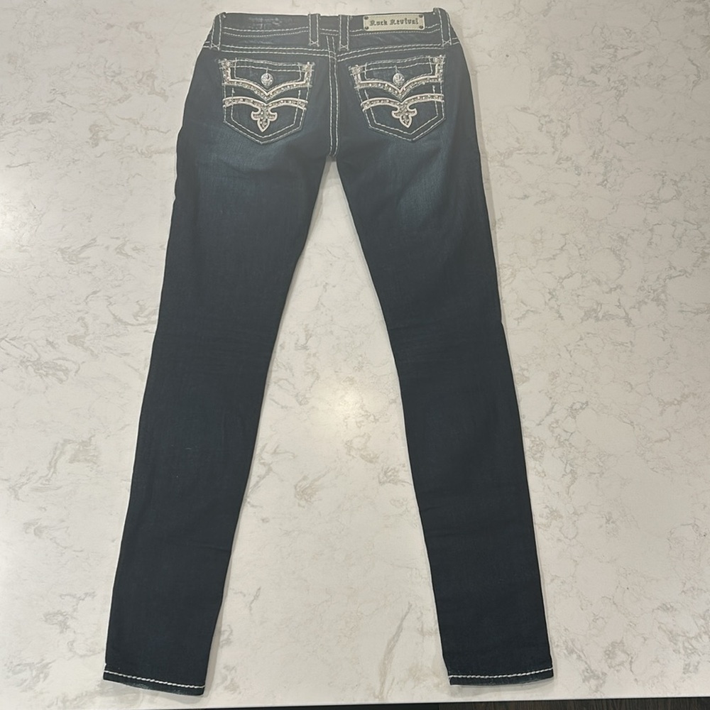 Rock Revival Karla Skinny Jean 27 Embellished Bling Low Rise Dark Wash - Picture 4 of 16